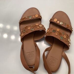 Tory Burch Tan Gold Studded Sandals